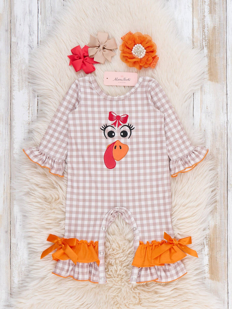 Little Gobbler Embroidered Gingham Ruffle Bubble Romper