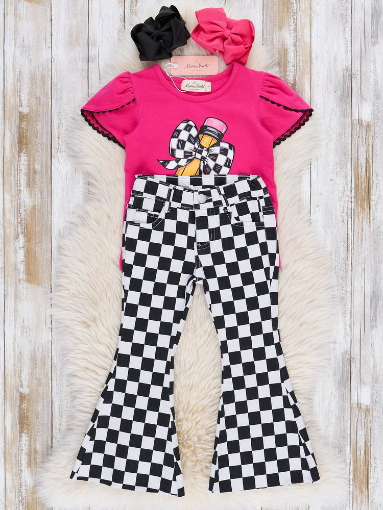 Checker Bow Pencil Flare Pants Outfit