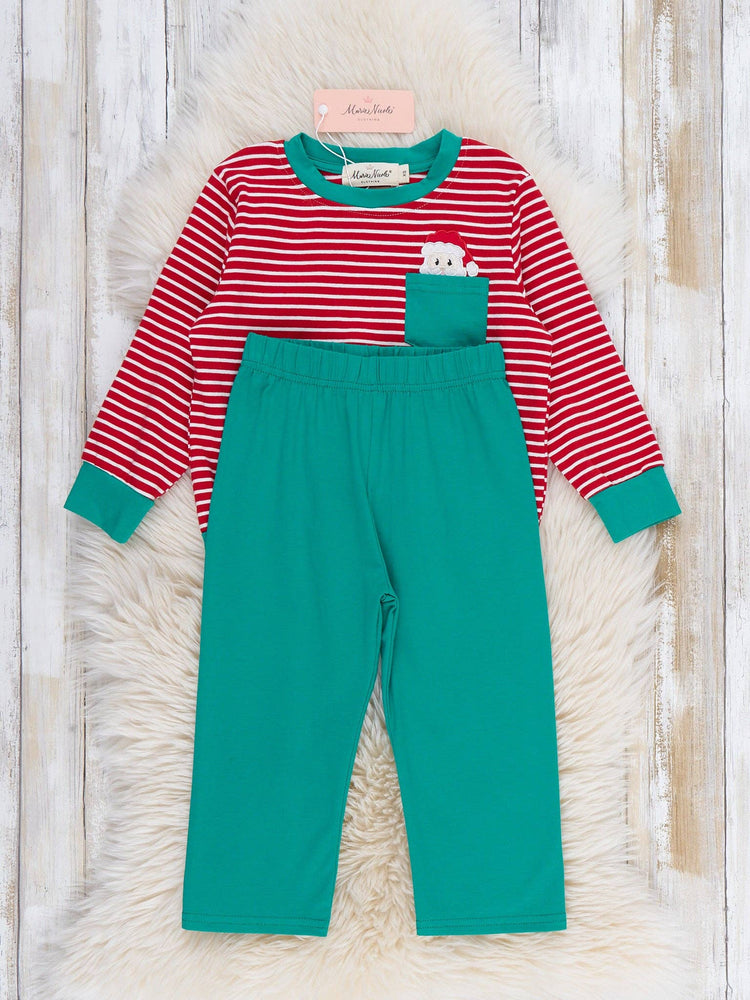 Believe in Santa Embroidered Stripe Pocket Outfit