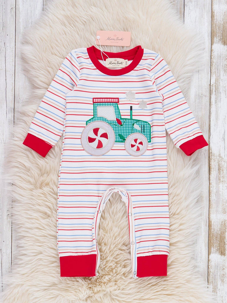 Peppermint Wheels Embroidered Striped Rompe