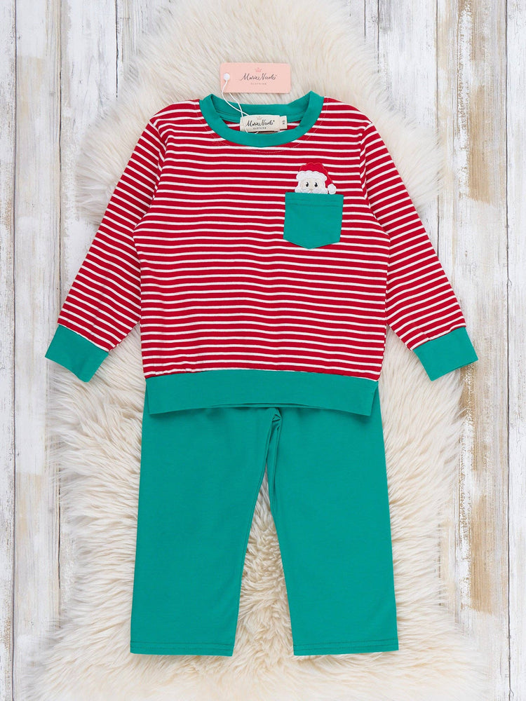 Believe in Santa Embroidered Stripe Pocket Outfit