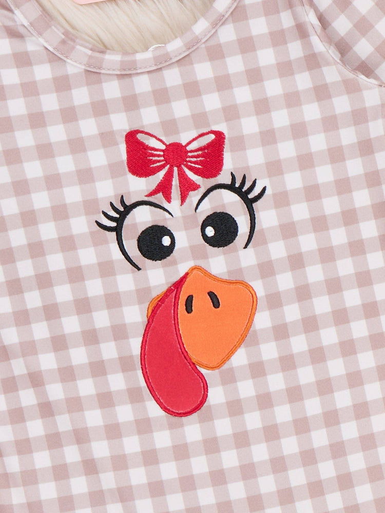 Little Gobbler Embroidered Gingham Ruffle Bubble Romper