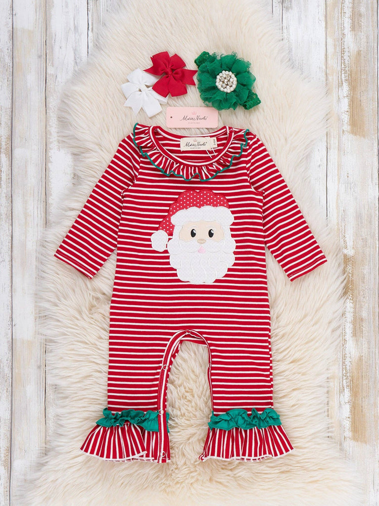 Believe in Santa Embroidered Stripe Ruffle Romper